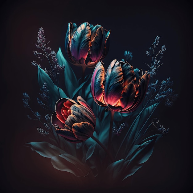 Art colorful tulips with dark background