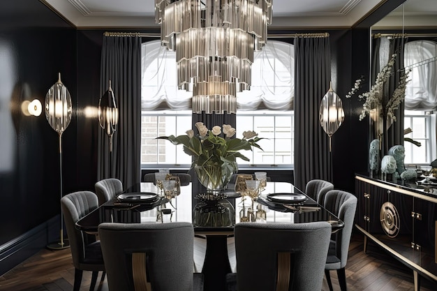 Art deco dining room with elegant table and chairs and chic lighting