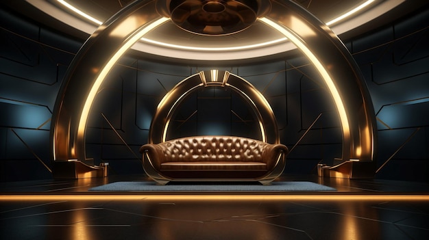 Art Deco Futuristic Lounge Mockup with luxurious furnishings NFT holographic sculptures and a dynami