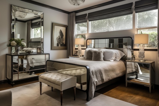 Art deco home bedroom with sleigh bed and mirrored dresser