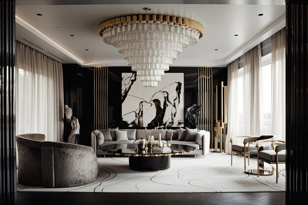 Art deco home with dramatic chandelier and sleek furniture bringing elegance to the space