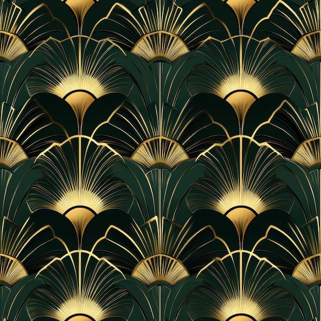 Photo art deco inspired pattern in green and gold seamless pattern