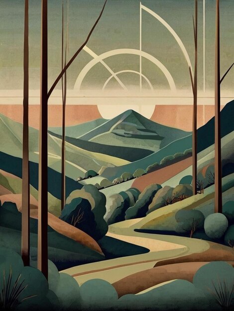 Photo art deco lithograph landscape simple