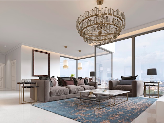 Art deco living room with gorgeous large windows and beautiful views, gilded metal chandelier. 3D rendering.