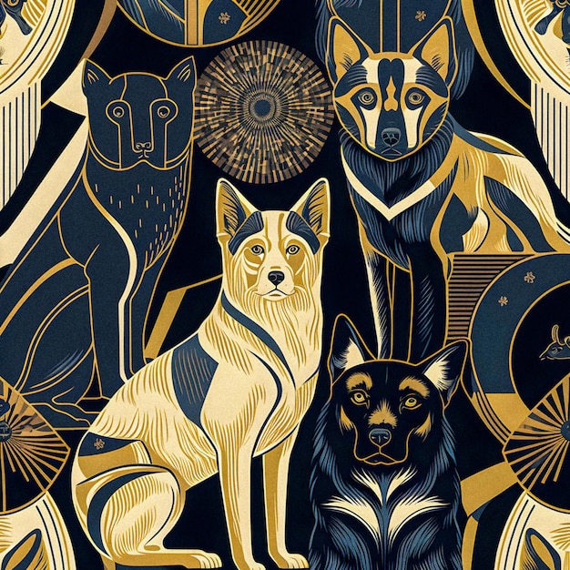 Art Deco style dogs and cats pattern granular texture