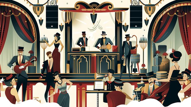 Photo art deco theater with flapper and gangster characters having png flat illustration daily life style