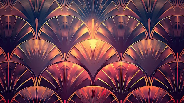 Photo art deco wallpaper with bronze fans over a gradient of deep red and violet hues