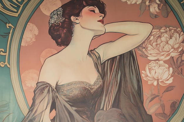 Art Deco Woman with Flowers in Vintage Style