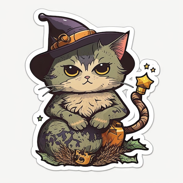 Art design in kitten sticker in witch costume with minimal concept