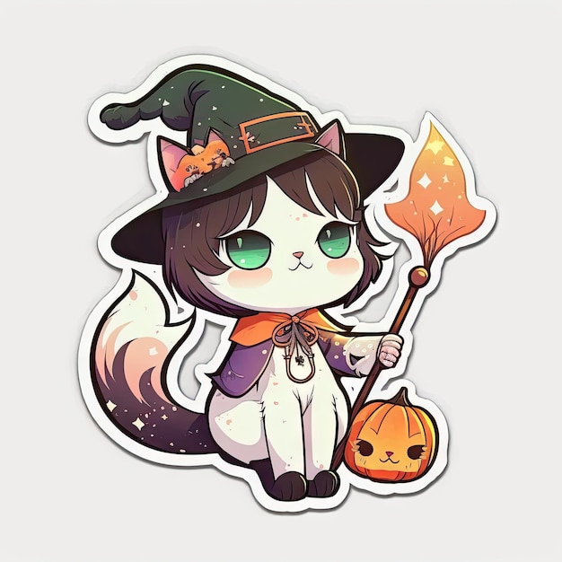 Art design in kitten sticker in witch costume with minimal concept