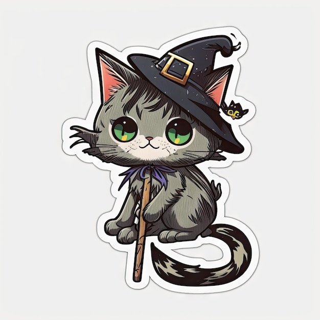 Art design in kitten sticker in witch costume with minimal concept