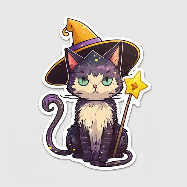 Art design in kitten sticker in witch costume with minimal concept