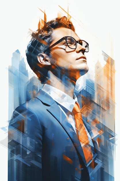 Art of double exposure of attractive Businessman overlay with the modern city Concept of Leadership and futuristic business copy space white background