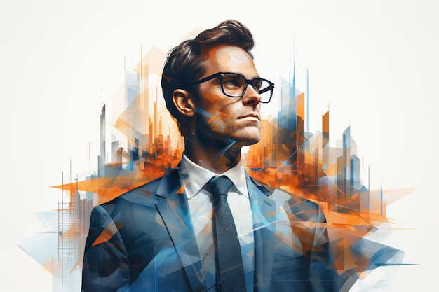 Art of double exposure of attractive Businessman overlay with the modern city Concept of Leadership and futuristic business copy space white background