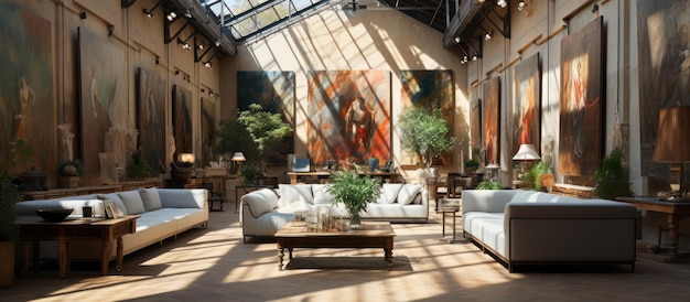 An art exhibition featuring paintings displayed within an impressive interior