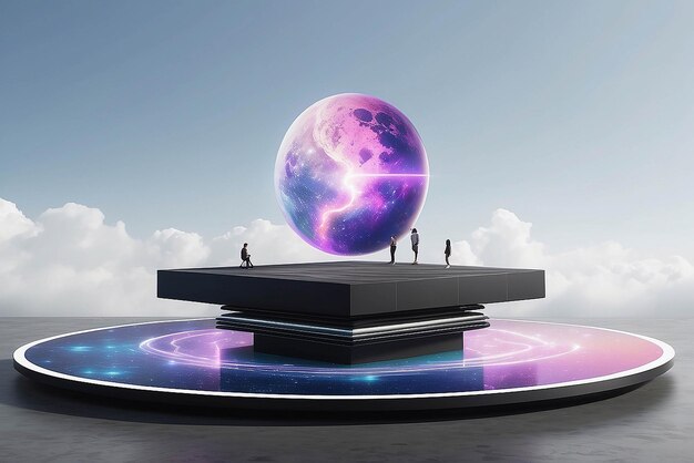 Photo art on a floating levitating platform with magnetic elements mockup