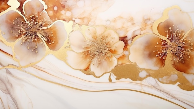 Art floral brown and gold glitter color horizontal watercolor background Marble texture Alcohol ink