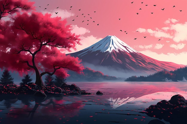 art of fuji mountains in japan sakura pink leaves in nature generated ai