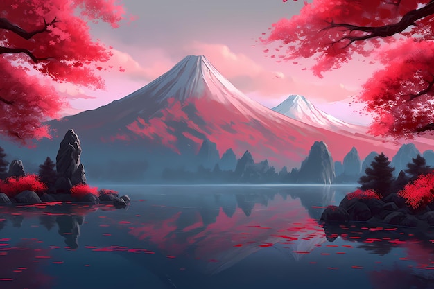 art of fuji mountains in japan sakura pink leaves in nature generated ai