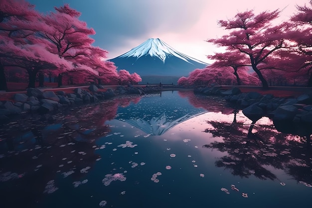 art of fuji mountains in japan sakura pink leaves in nature generated ai