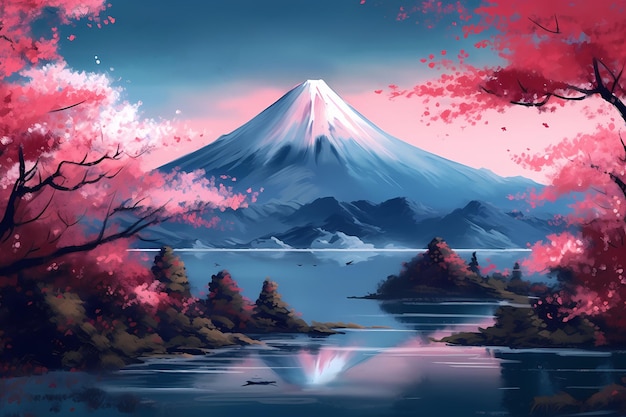 art of fuji mountains in japan sakura pink leaves in nature generated ai