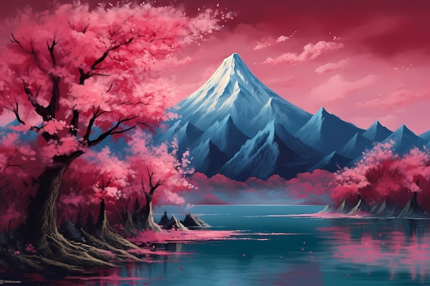 art of fuji mountains in japan sakura pink leaves in nature generated ai