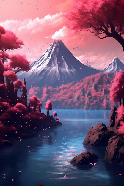 art of fuji mountains in japan sakura pink leaves in nature generated ai