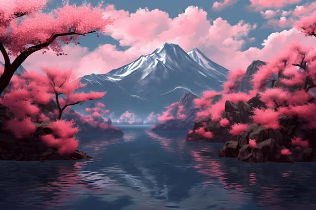 art of fuji mountains in japan sakura pink leaves in nature generated ai