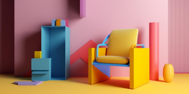 Art geometric window home armchair design memphis sofa interior colourful room Generative AI