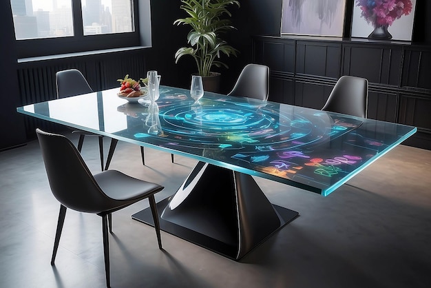 Art on a holographic dining table with interactive elements mockup