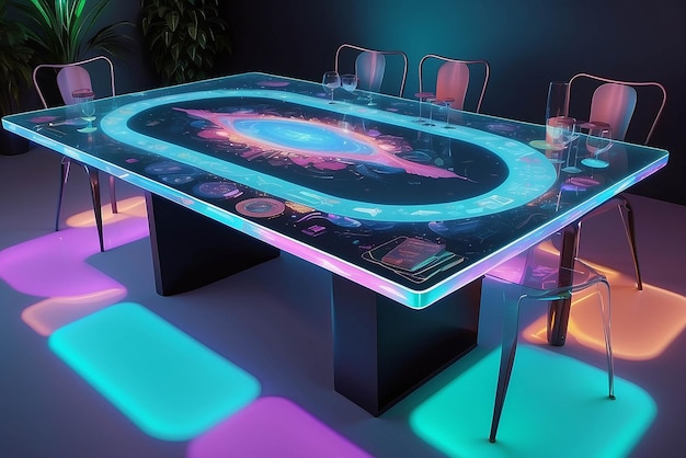 Art on a holographic dining table with interactive elements mockup