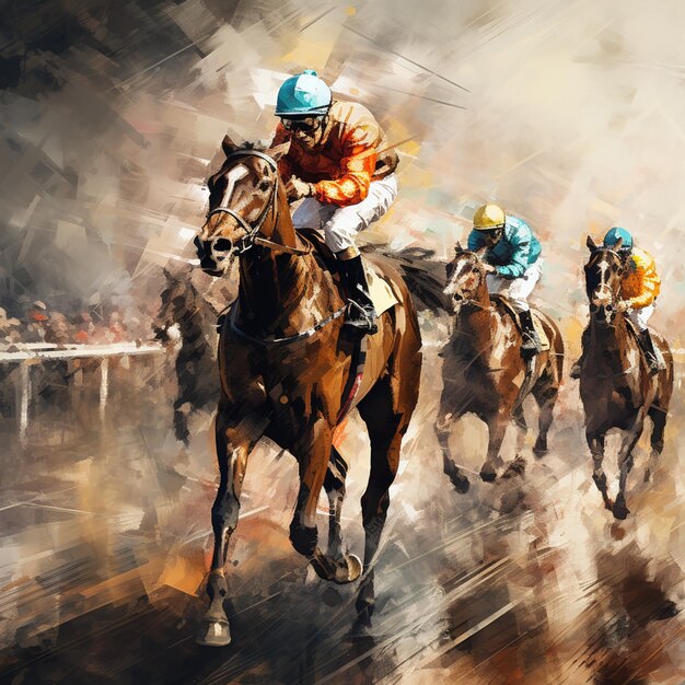 the Art of a horse race going through the field and city