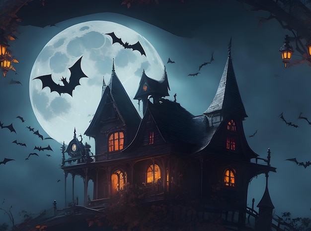 Art illustration of A Halloween pumpkin with a moon and bats in haunted house background