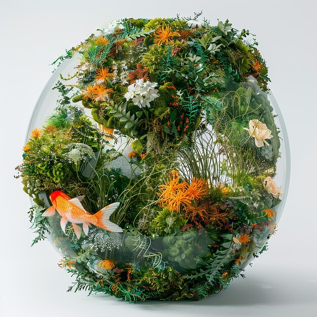 Art installation wrapped in moss green plants and flowersAbstract illustration by Will Barnett a