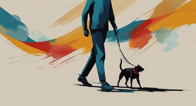 Art of Man walking his dog