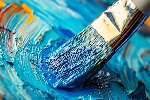 Photo art in motion closeup of painters brush in blue paint