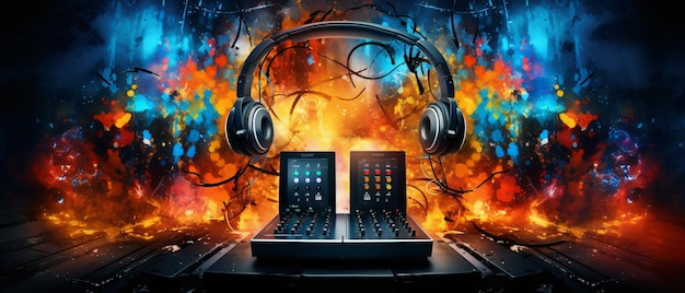 Art music studio background with dj headphones