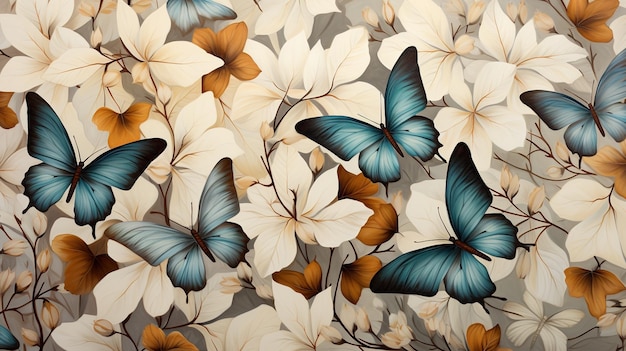 Art nouveau butterflies pastel colors beige turquoise shades of grey and brown