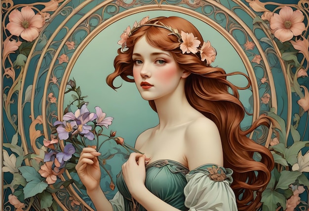 Art Nouveau Portrait of a Woman with Flowers