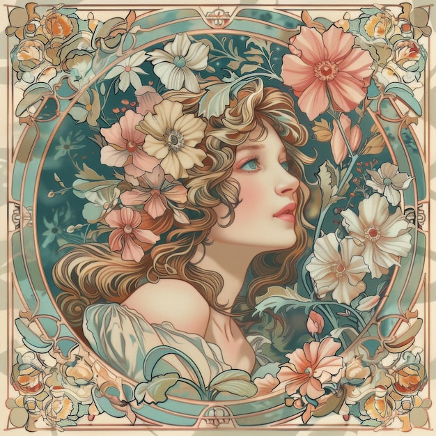 Art Nouveau style a beautiful woman with flowers in her hair and a white dress surrounded by a dec