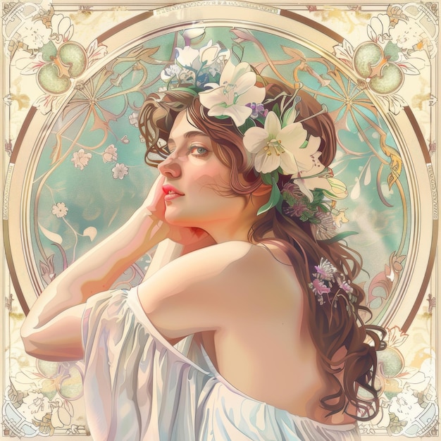 Art Nouveau style illustration of an elegant woman with flowers in her hair