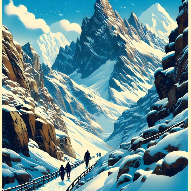 Art Nouveau style of traversing a rugged mountain pass in the Swiss Alps under a blanket of fresh s