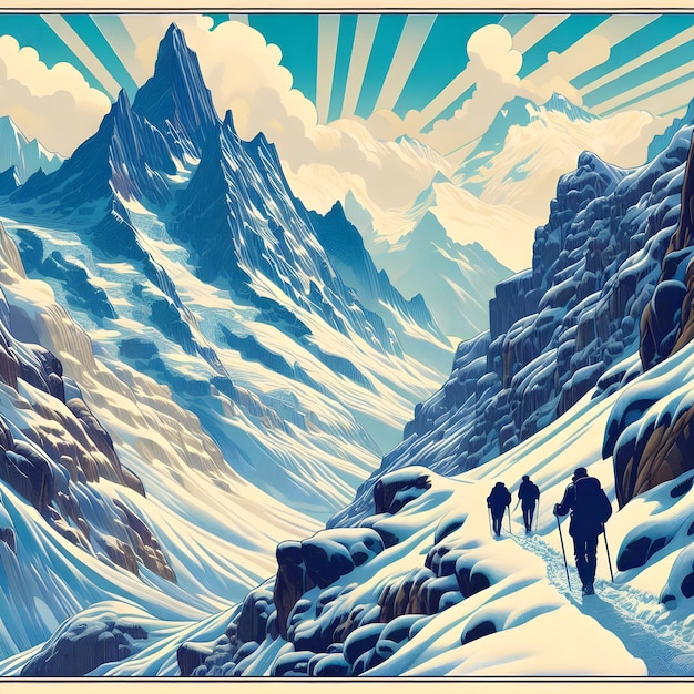 Art Nouveau style of traversing a rugged mountain pass in the Swiss Alps under a blanket of fresh s