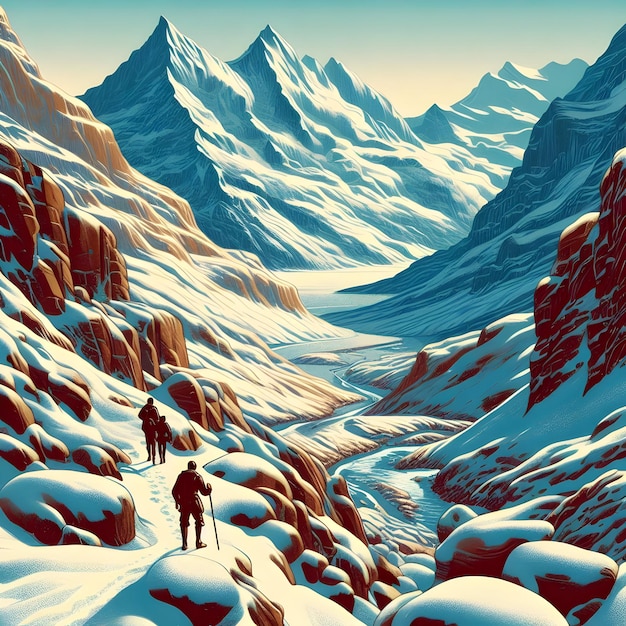 Art Nouveau style of traversing a rugged mountain pass in the Swiss Alps under a blanket of fresh s