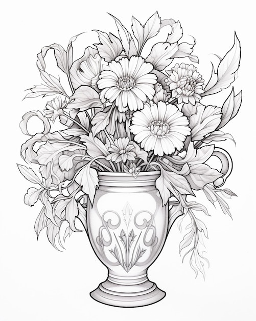 Art Nouveau Vase with Flowers Drawing