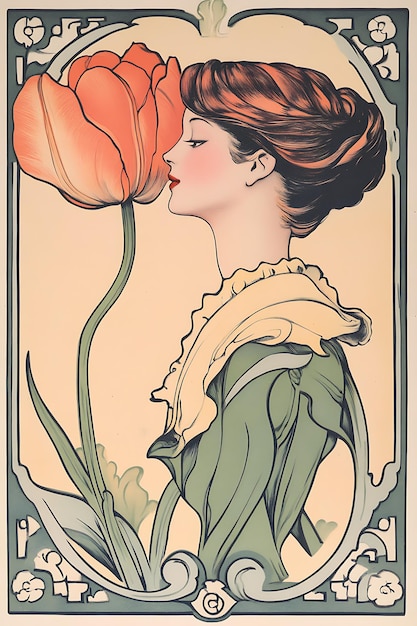 Photo art nouveau woman and tulip flower in a frame