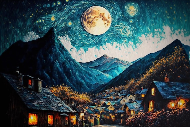 Art oil painting moon mountain village hand drawn artistic