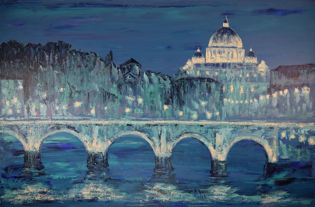 Art painting of Basilica Sant Pietro Tiber river Rome Italy