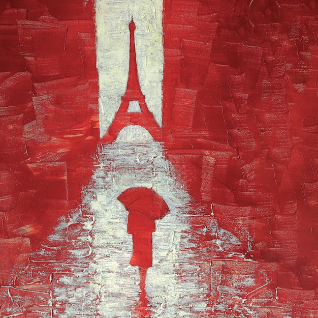 Art painting of a woman walking under an umbrella to the Eiffel Tower