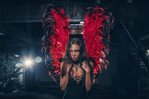 Art photo of an Dark Angel beautiful woman. A girl with red devil wings and a black dress in the dark room